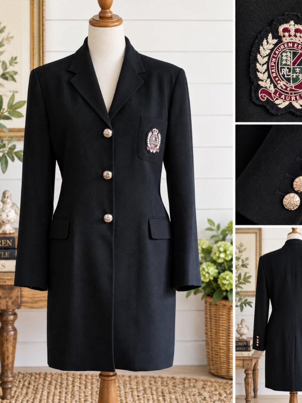 Vintage 90s Ralph Lauren Black Wool Crest Blazer Longline Jacket Coat Womens 14P